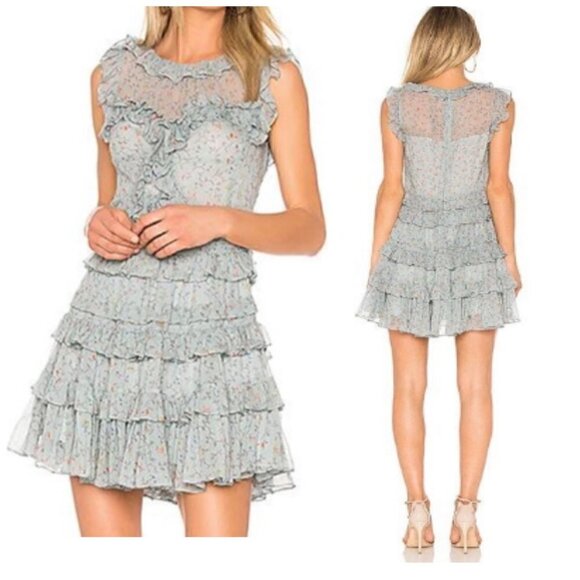 Rebecca Taylor Ruffle Trimmed Floral Vine Silk Mini Dress, in Mint, Size 4, NWT - Picture 1 of 15